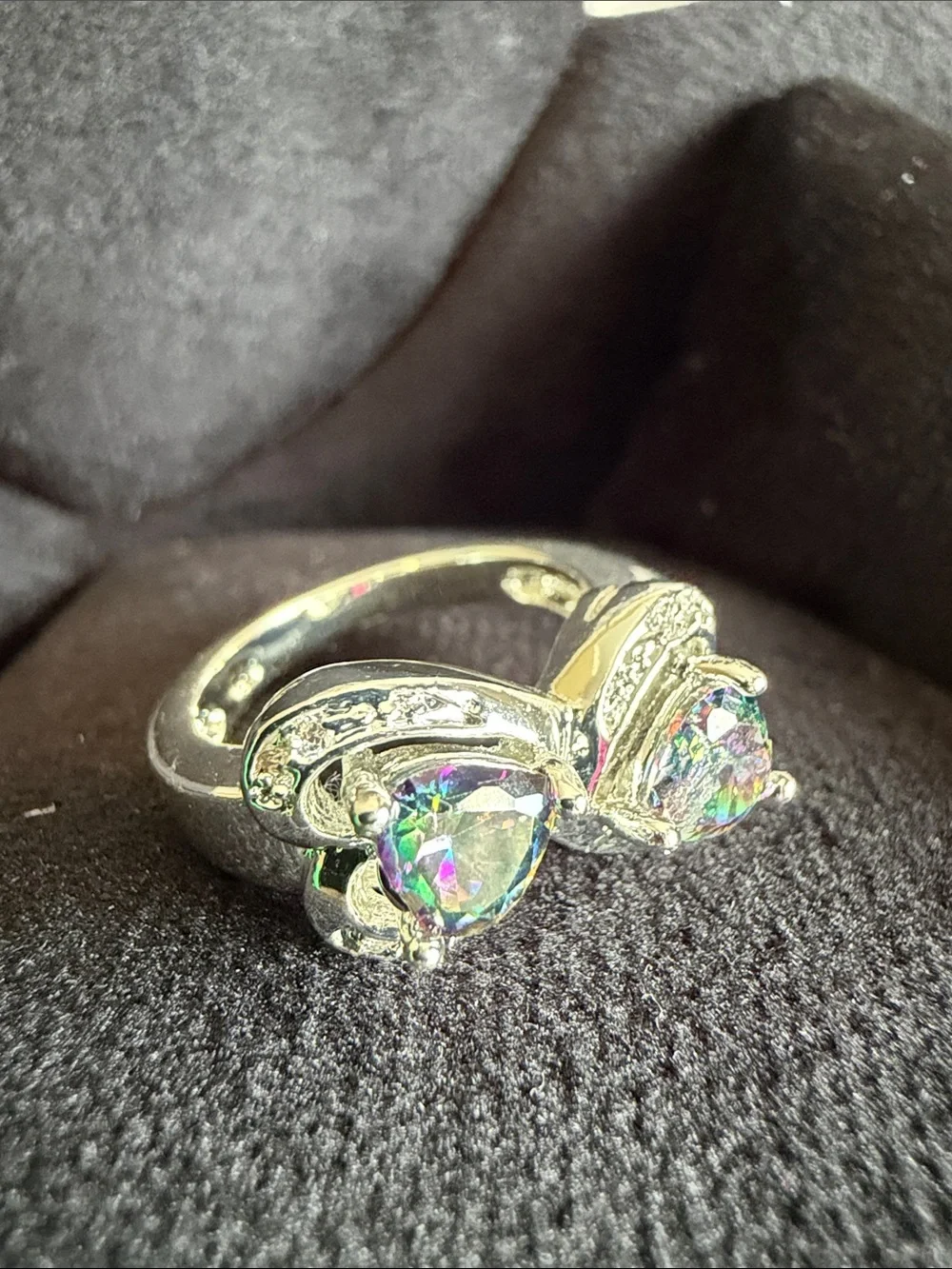Silver Heart Double Stone Ring with Mystic Rainbow CZ